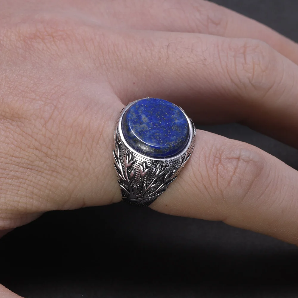 Genuine Solid 925 Sterling Silver Rings With Natural Lapis Lazuli Tree Branches Engraved Turkish Finger Rings Man Ring