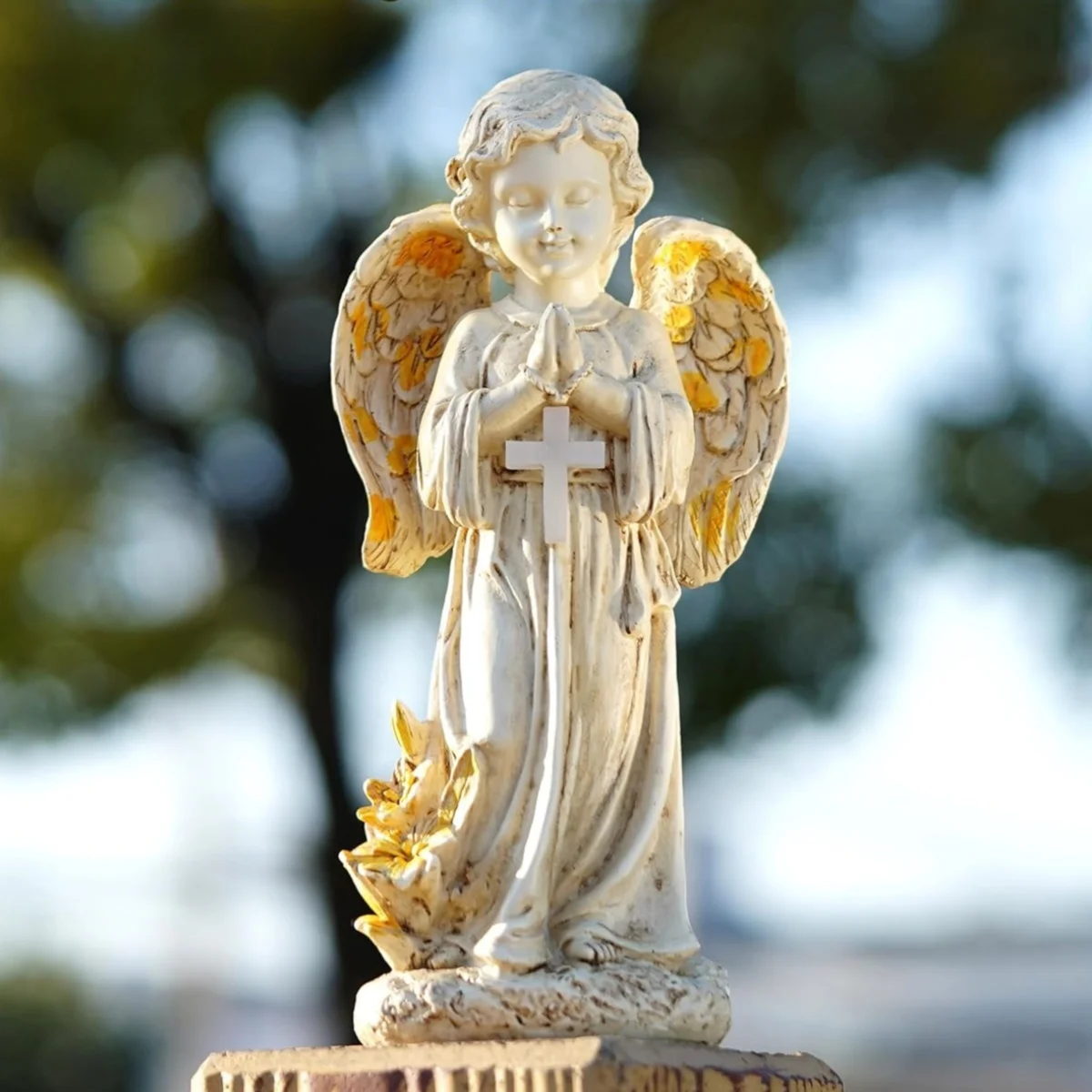 Solar Garden Decor Outdoor Statue, Solar Angel Statues Outside Garden, Solar Resin Prayer Angel with Flower Ornament Light, for Yard Patio Porch Balcony Home Decor view 2