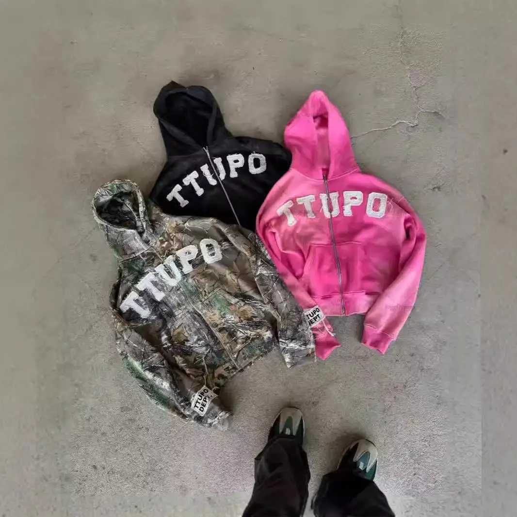 스트리트 슬레 커플 후디 Y2K 레트로 아메리칸 카모플라주 프린트 지퍼 재킷 롱 슬리브 폴리에스터 섬유 오픈 카디건