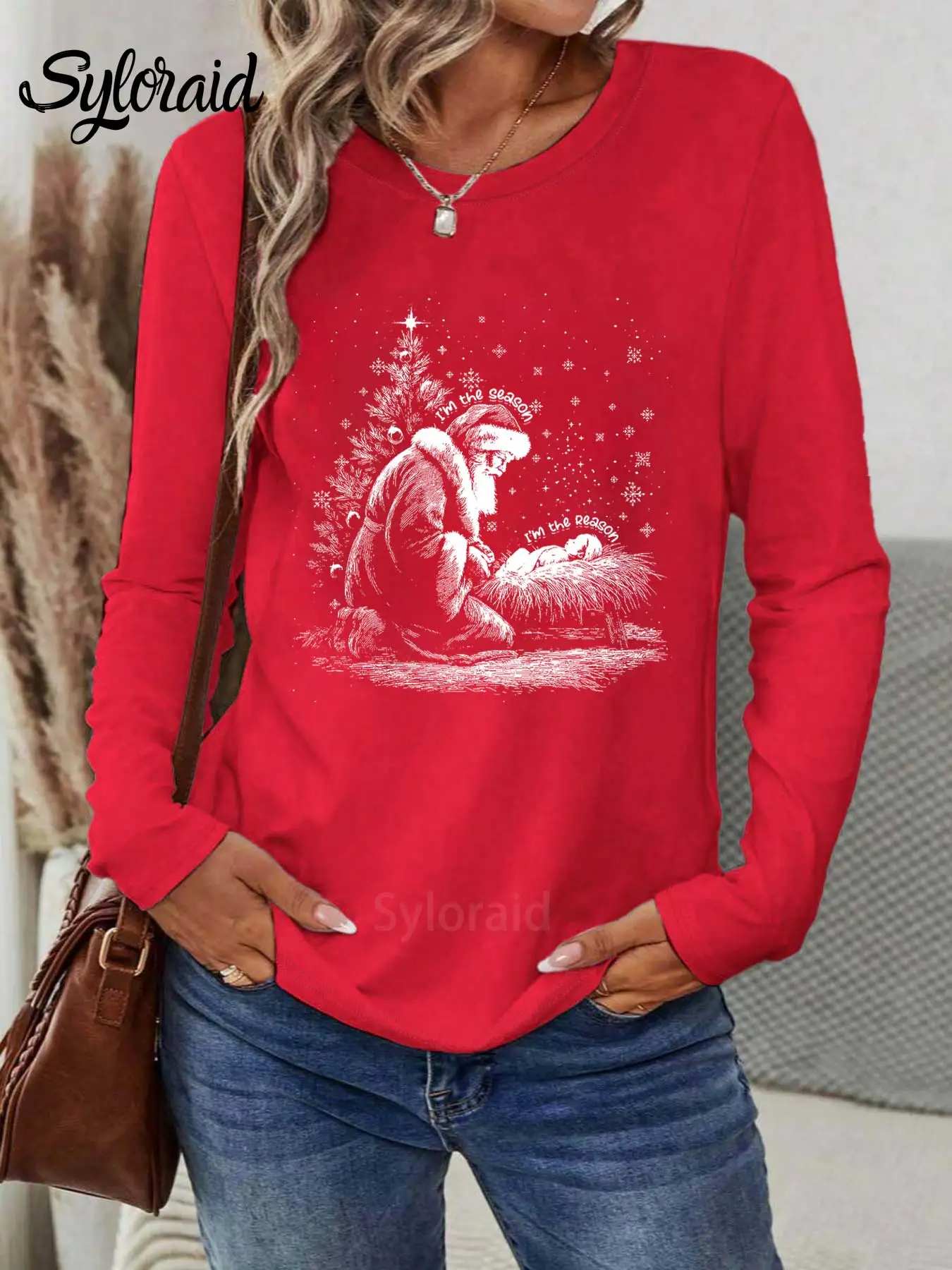 여성용 긴 소매 티셔츠 크리스마스 기독교 산타 예수 성탄절 프린트 티셔츠 패션 라운드 넥 캐주얼 탑