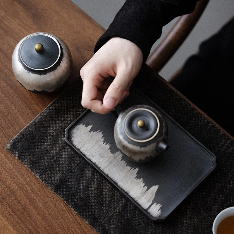 

WUSEI Japanese Style Tea Tray Dish Handmade Pure Iron Glaze Silver Color Series Dry Puffing Plate Traditional Handmade Work