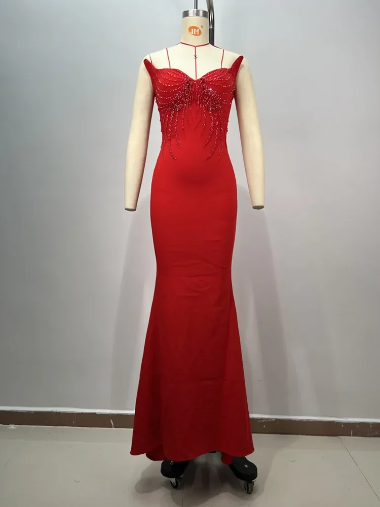 2024 Women Celebrity Sexy Strapless Crystal Diamonds Beading Red Maxi Long Gowns Dress Elegant Evening Party Club Vestido