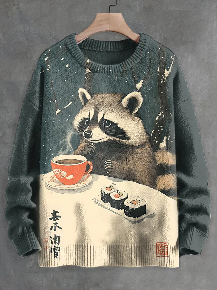 

Men's Raccoon Japanese Sushi Tea Art Knit Sweatshirt Pullover Sweater Women For Men Sweater