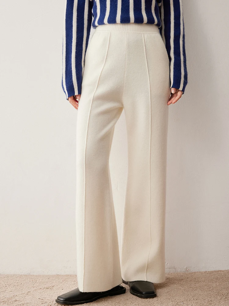 Pantalon droit en cachemire pour femme, taille élastique, 100% cachemire tricoté, poches solides, pantalon classique pour femme de bureau, automne hiver