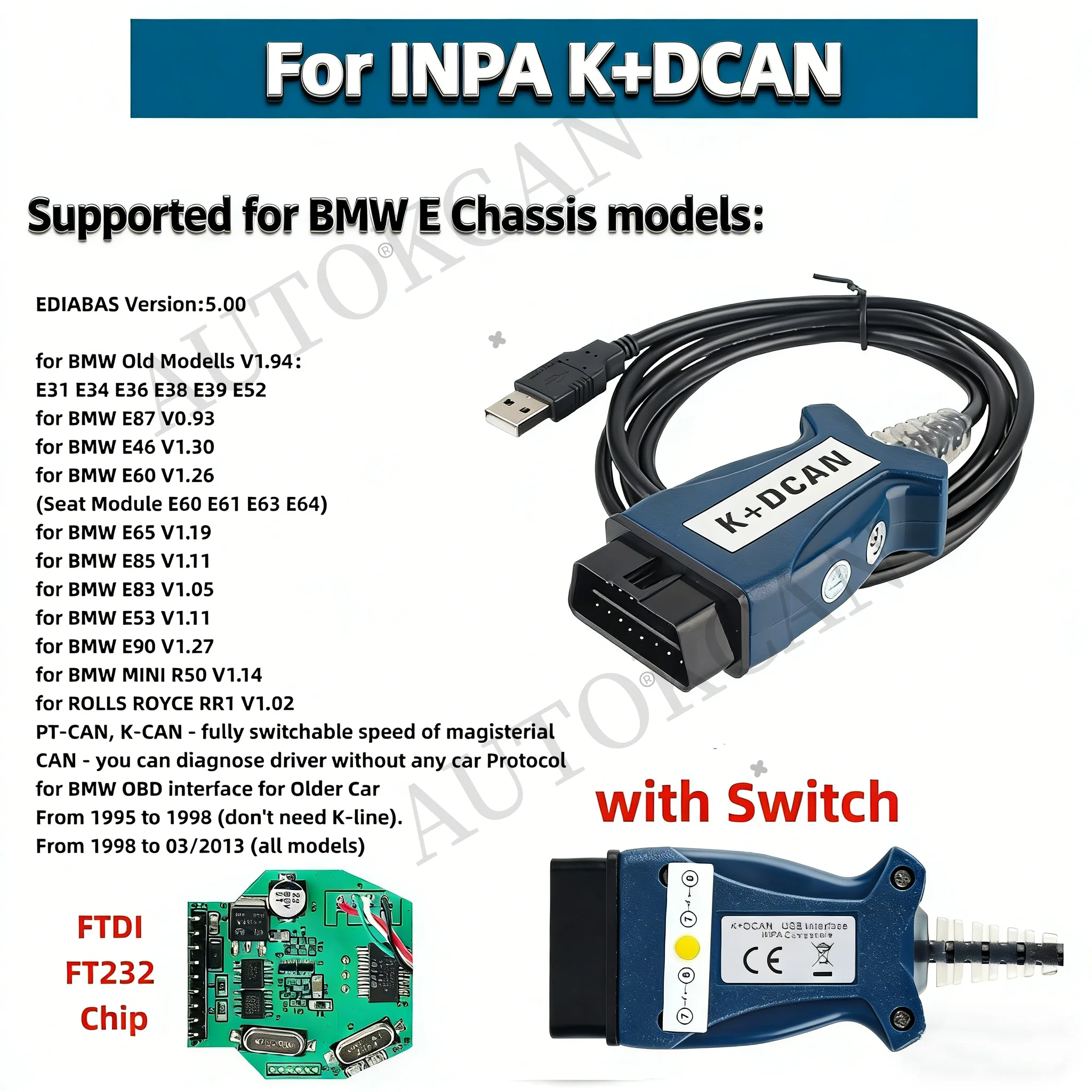 

For INPA K DCAN FTDI USB OBDII Diagnostic Interface For BMW Series e60 K+CAN K-Line OBD2 Car Diagnostic Tool