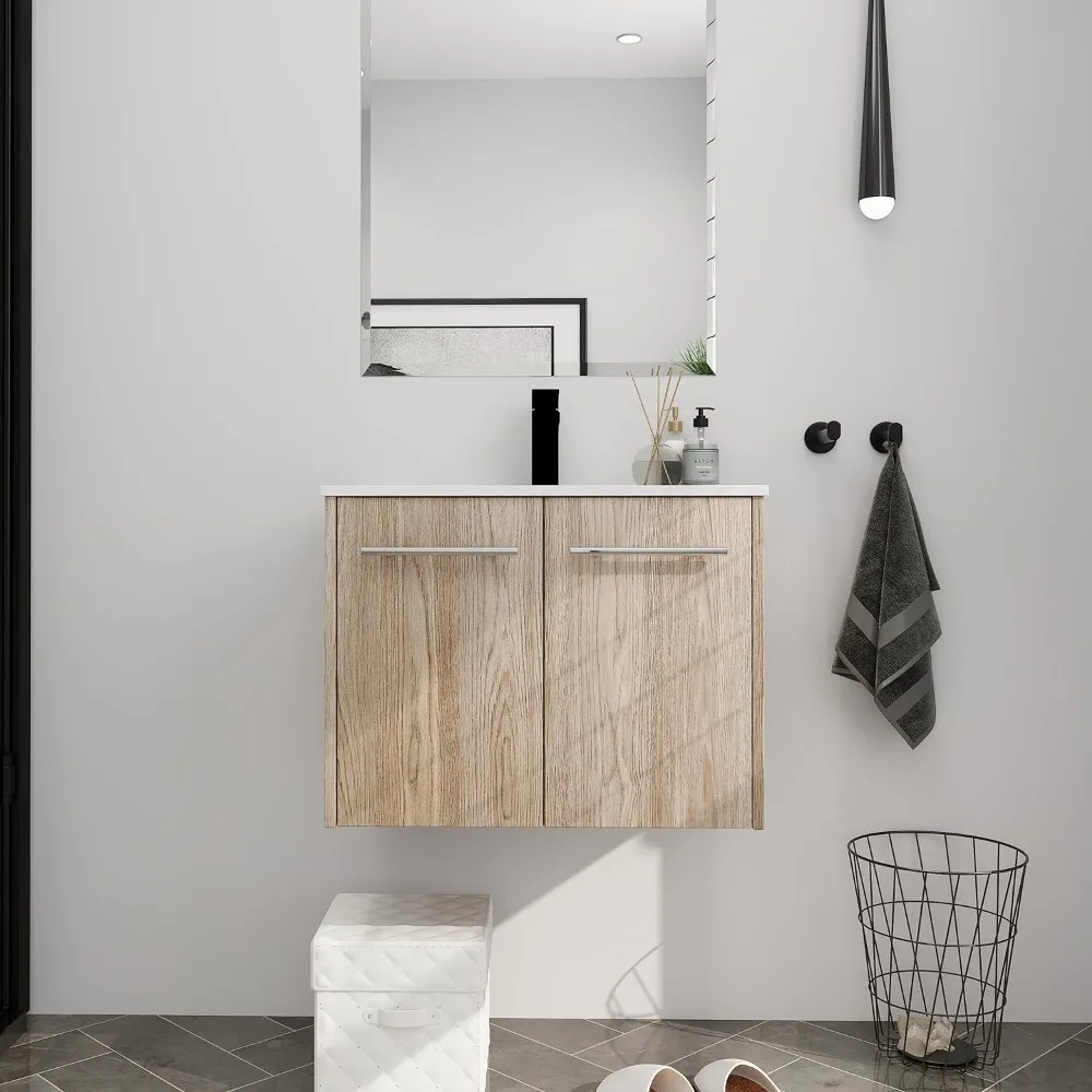 Storage Wood Hanging Bath Cabinet for Small Space Bathroom, Washbasin, White Oak, Modern Set, Vanity with Sink, Home, 24 Inch