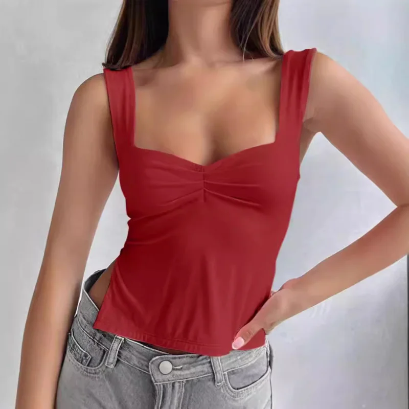 

2025 Hot New Style Women's Backless Vest Solid Color Square Neck Vest Split Vest Double Layer Vest