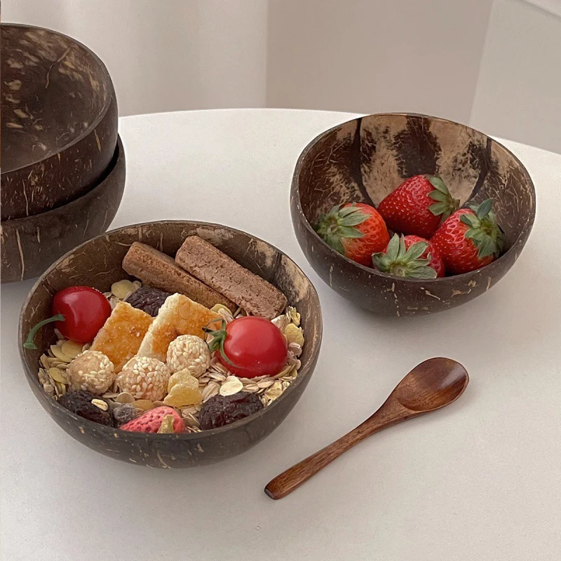 

Natural Coconut Bowl Wooden Handmade Coconut Bowls for Eating Tableware Fork Spoon for Dessert Fruit Salad Mixing Rice