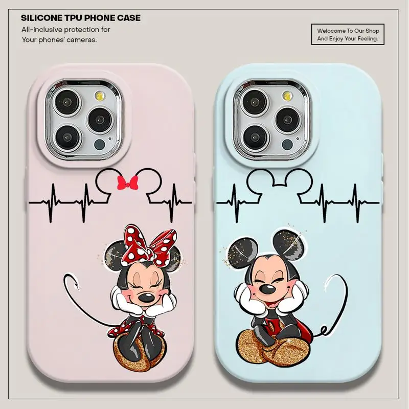 Liquid Matte Phone Case for iPhone 15 14 12 13 11 Pro Max X XR XS 8 7 Metal Camera Frame Cover Mickey Minnie Mouse Heartbeat