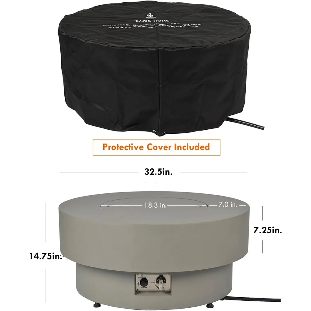 Fire Pit Table, Flint & Concrete Look 33-inch Round Patio Gas Fire Table 50,000 BTU w/Lid, Fire Glass, Heavy Duty Rain Cover