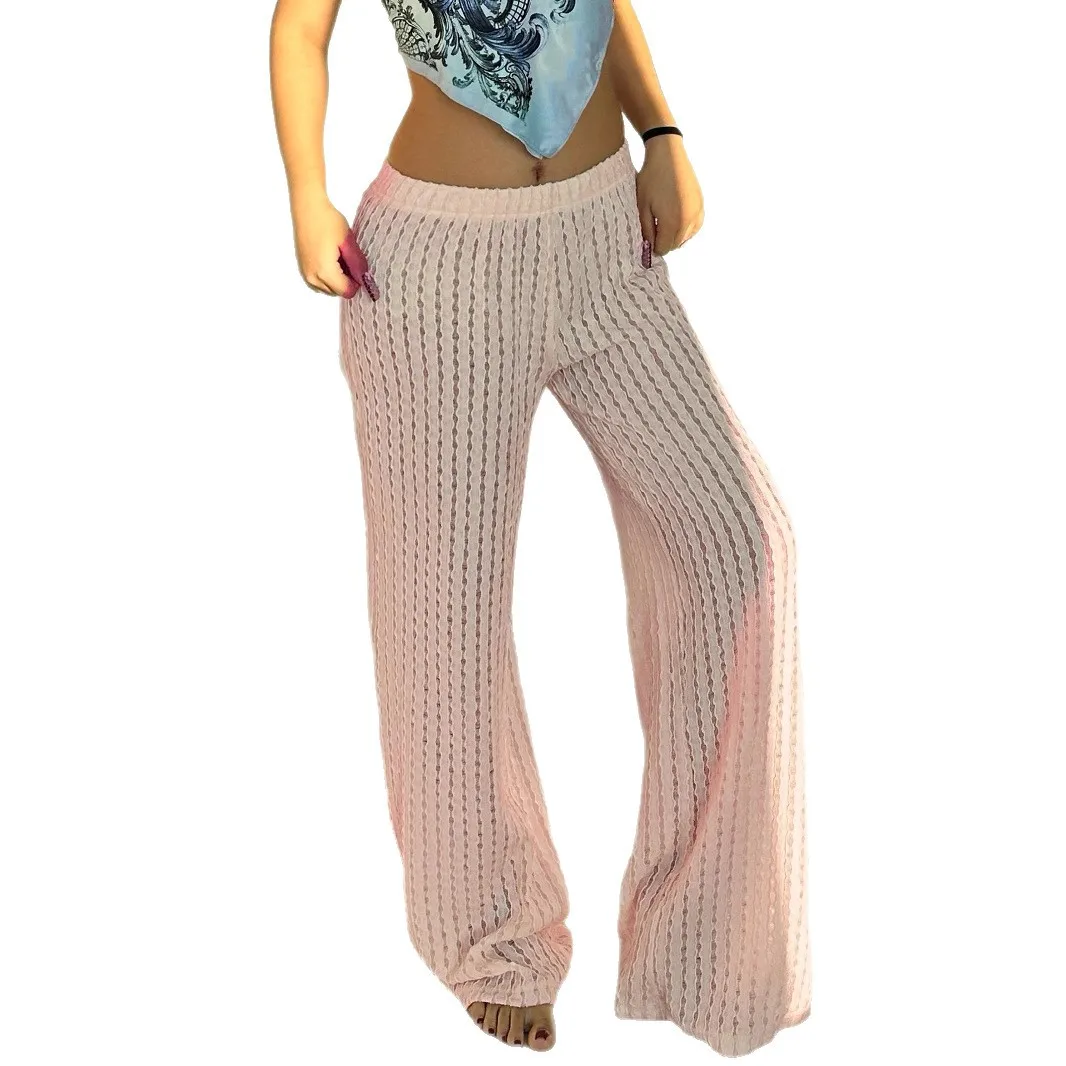 XIZOU Beachwear Hollow Out Knitted Casual Pants White Low Rise Loose Straight Pants Y2k Aesthetic Women Holiday Style Trousers
