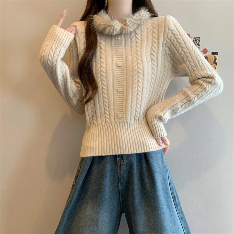 

Thiened Long Sve Knitted Sweater Women's Winter New Year's Clothing Lazy Loose Twist Wool Collar Top Commute Sle Soft ...
