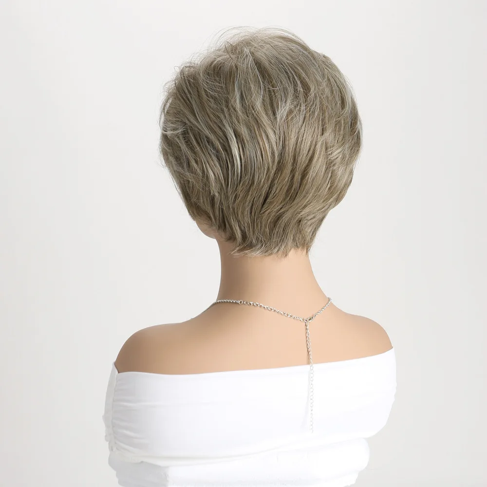 Synthetic Flax Brown Mixed Light Gold Wigs for Women Short Pixie Cut Hair Wigs With Bangs Party Daily Use Wig Heat Resistant