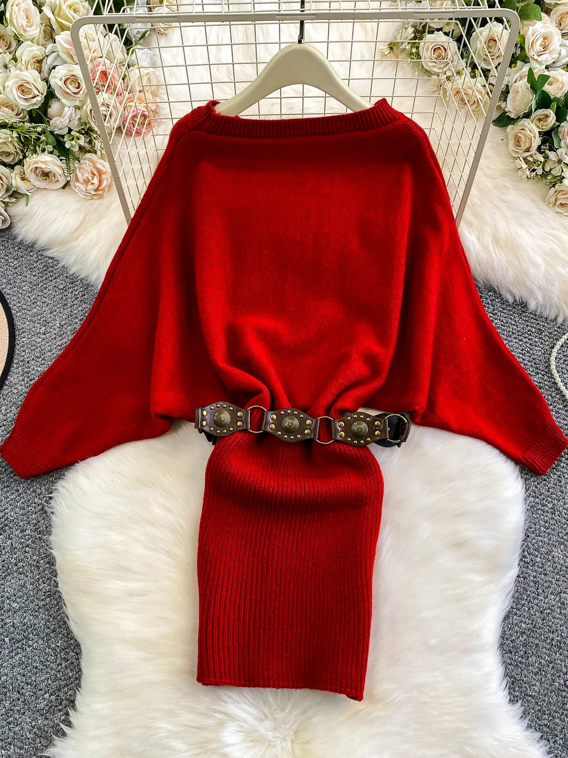 Korean Sle Batwing Sve Knitted Dr Women's High Waist Slim Fit Wrap Bodycon Sweater Dr Ci Commute X-ape Silhouette