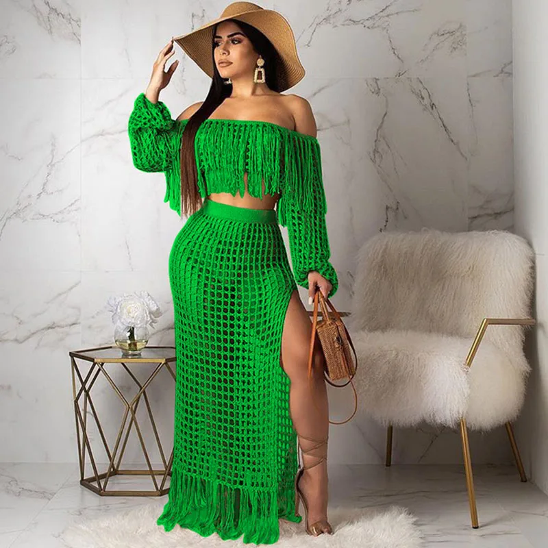 Sexy Fringed Tassel Summer Sets Outfits Women Beachwear Holiday Knit Crochet Hollow Out See Through Party Maxi Dress Vacation