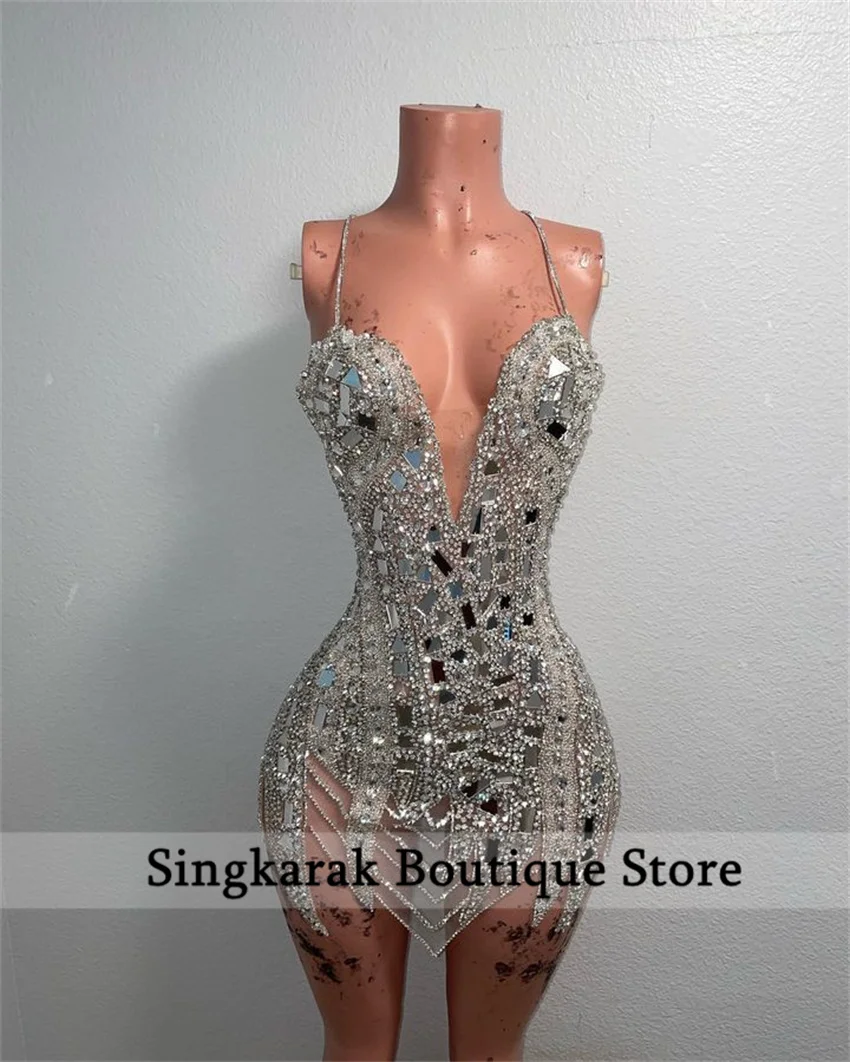Sparkly Silver Short Prom Gown Bead Crystal Rhinestones Cocktail Dress Vestidos De Festa Birthday Party Dress Customized - view 3