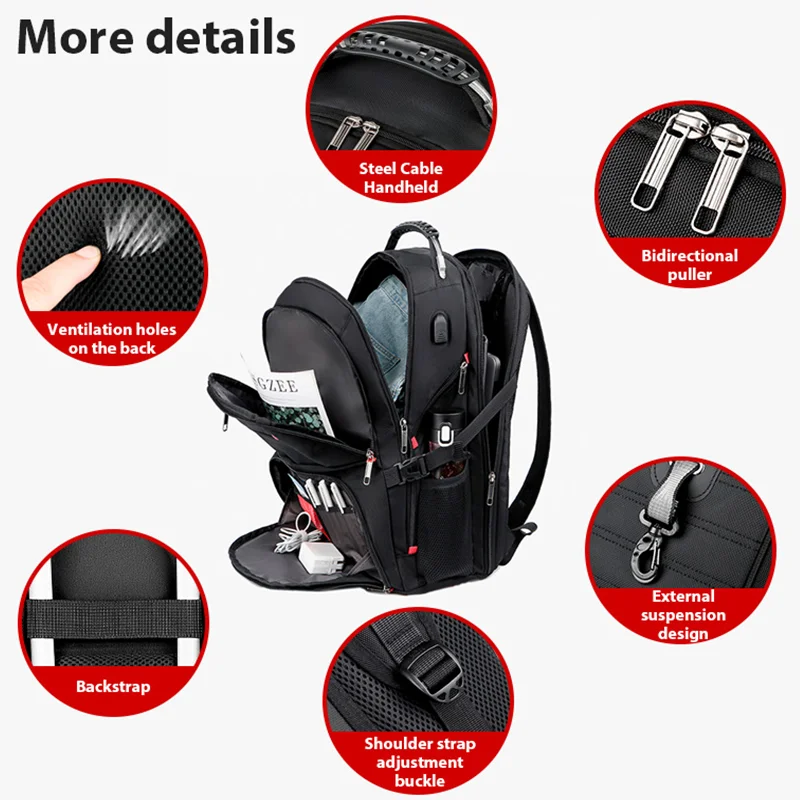 Imagem -02 - Qukam-mochila Masculina Multifuncional de Grande Capacidade Bolsa de Viagem Carregamento Usb Impermeável Laptop 17 Tablet Moda 40l