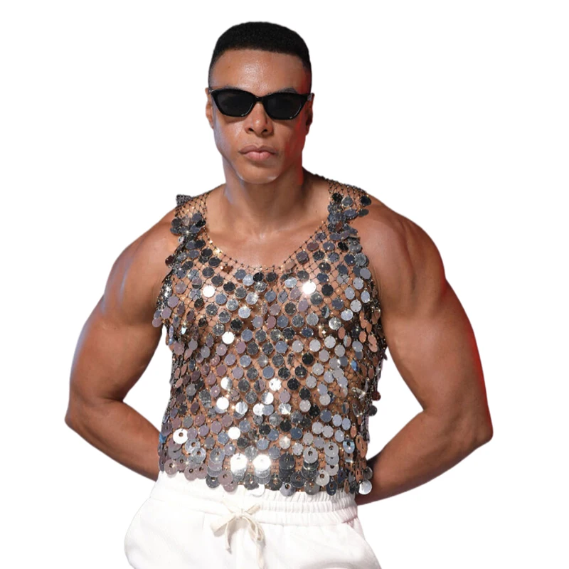 Herren Pailletten-Tanktop Ärmellos Transparentes Netz-Oberteil Ausgehöhlt Nachtclub Party Festival Rave Mode Y2K Top футболка+женская – Detail 7