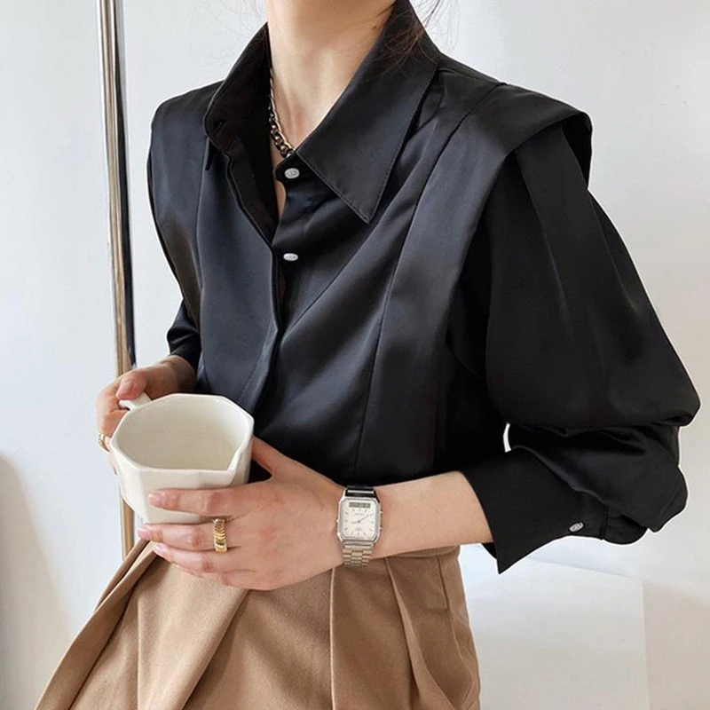 Vintage Satin Elegant Chic Office Lady Button Up Shirt Fashion Black White Long Sleeve Business Casual Blouses Tops Women Blusas