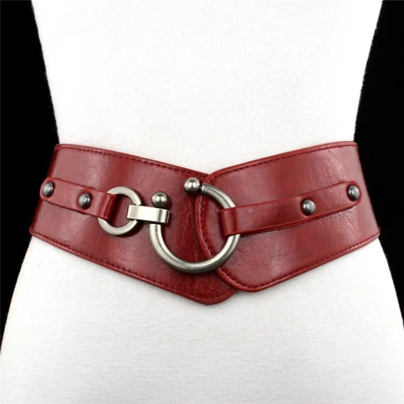 New Fashion Elastic Wide Belt Strap Vintage Women Faux Leather Buckle Elastic Wide Belts Solid Color Durable Waistbands