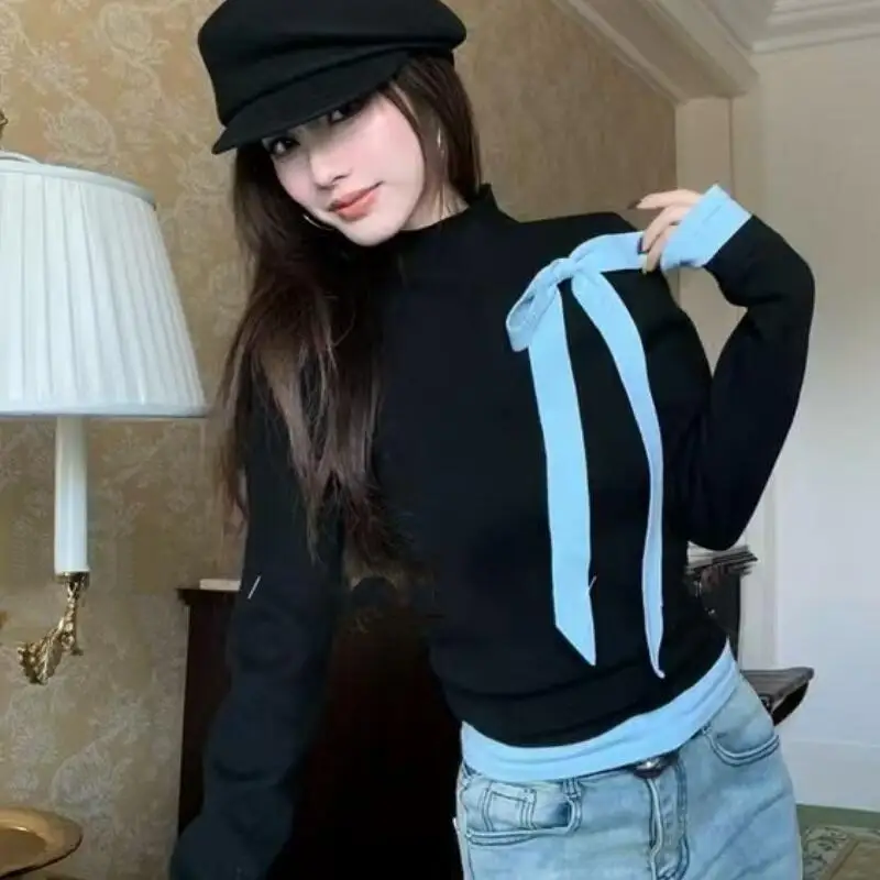 

Женский топ с искусственным галстуком-бабочкой и высоким воротником, универсальный на весну и лето, рубашка с длинными рукавами контрастного цвета.