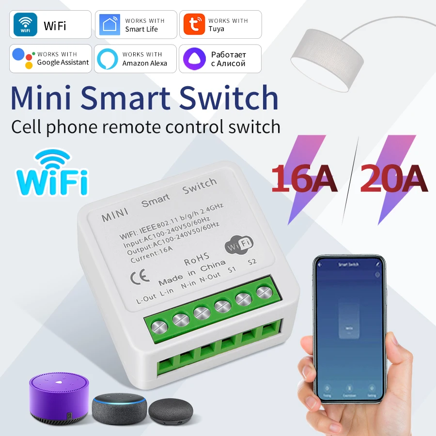 Mini WiFi Smart Switch Module 2-Way RF433MHz Wireless Breaker Tuya Smart APP Control Work with Alexa Alice Google Home 20A 16A