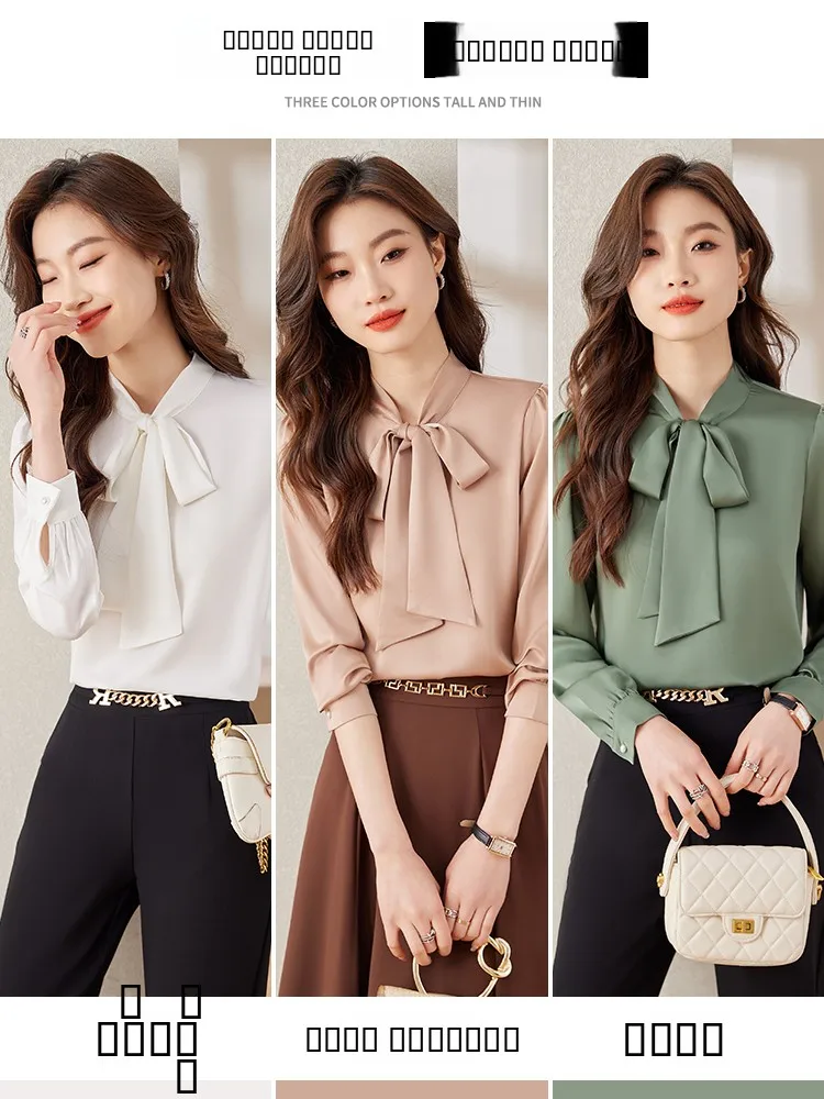 Feminino longo Sve Knot Sa início da primavera chiffon Top Design Faionable irt Set Slim Fit Button V Ne Regular...