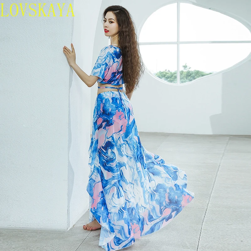 Belly dance set, Oriental girl group top, sexy split skirt, 2-piece set, Indian dancer performance show costumes, stage costumes