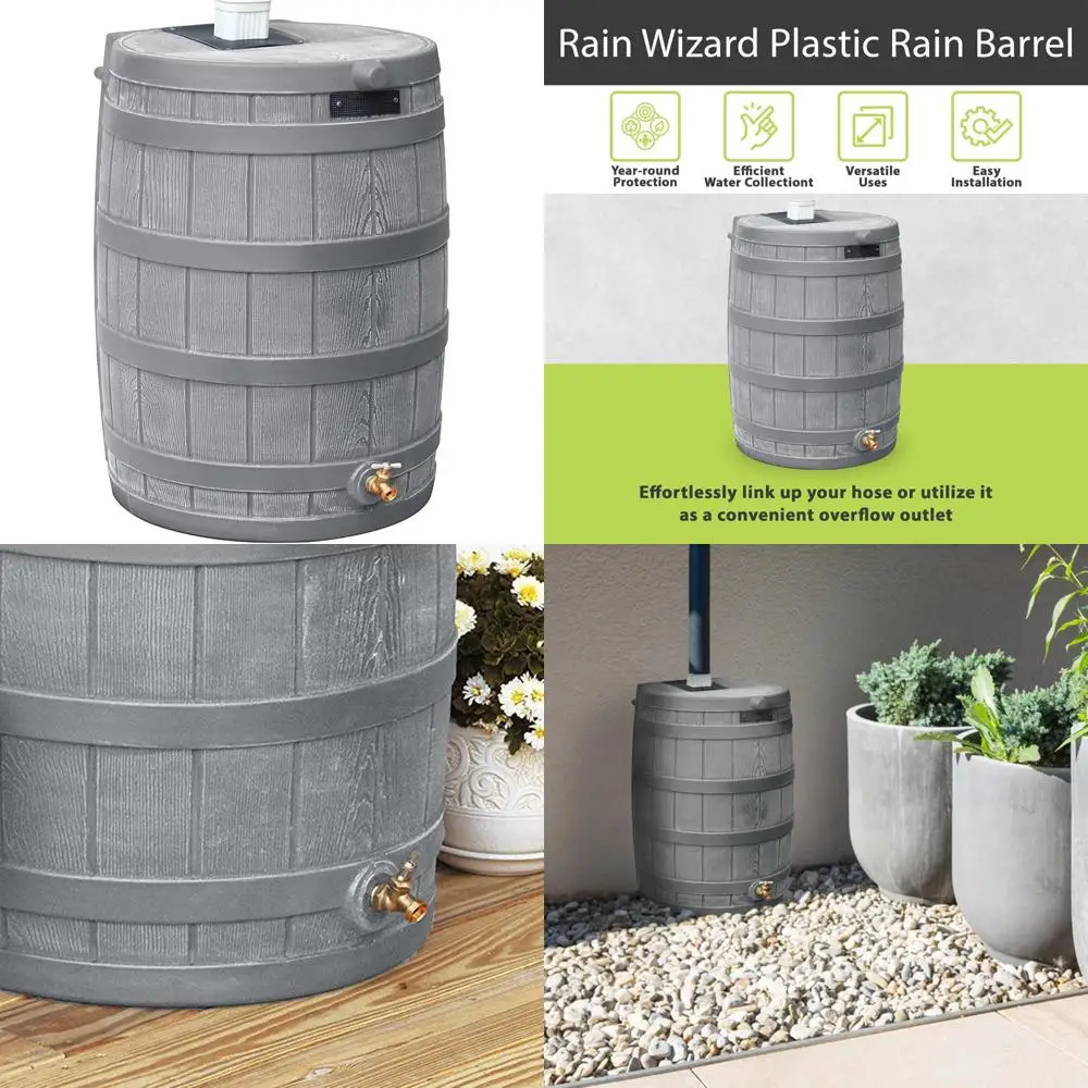 Serbatoio di stoccaggio dell'acqua piovana in plastica per esterni da 50 galloni con rubinetto in ottone e design con retro piatto