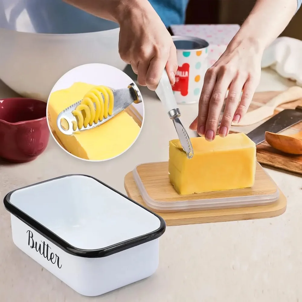 

Practical Airtight Butter Dish Rectangular With Spatula Butter Storage Container Bamboo Cover Iron Butter Keeper Bread