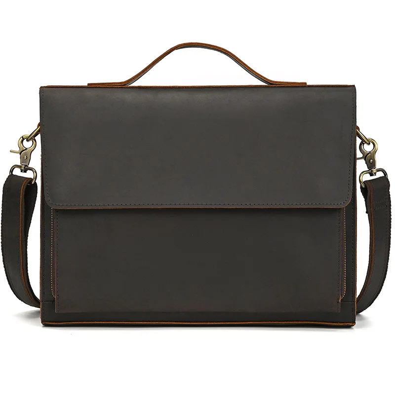 Hot Sale Men Crazy Horse Leather Bag, 13 Inch Flap-over Genuine Cowhide Crossbody & Handbag Business Commute Shoulder Purse