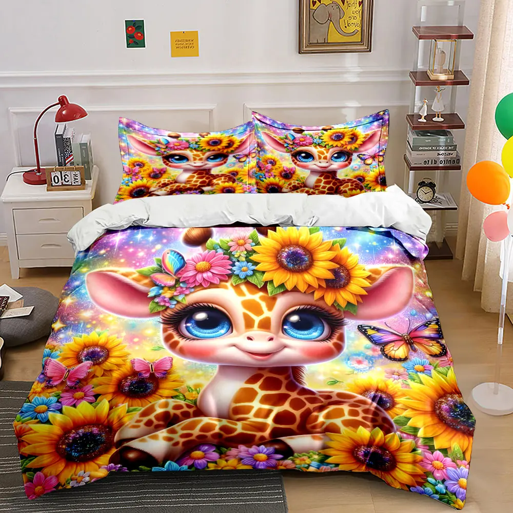 Fairytale scene giraffe and sunflower Print Soft Comfortable Duvet Cover Bedding Set Included 1*Duvet Cover 2*Pillowcases