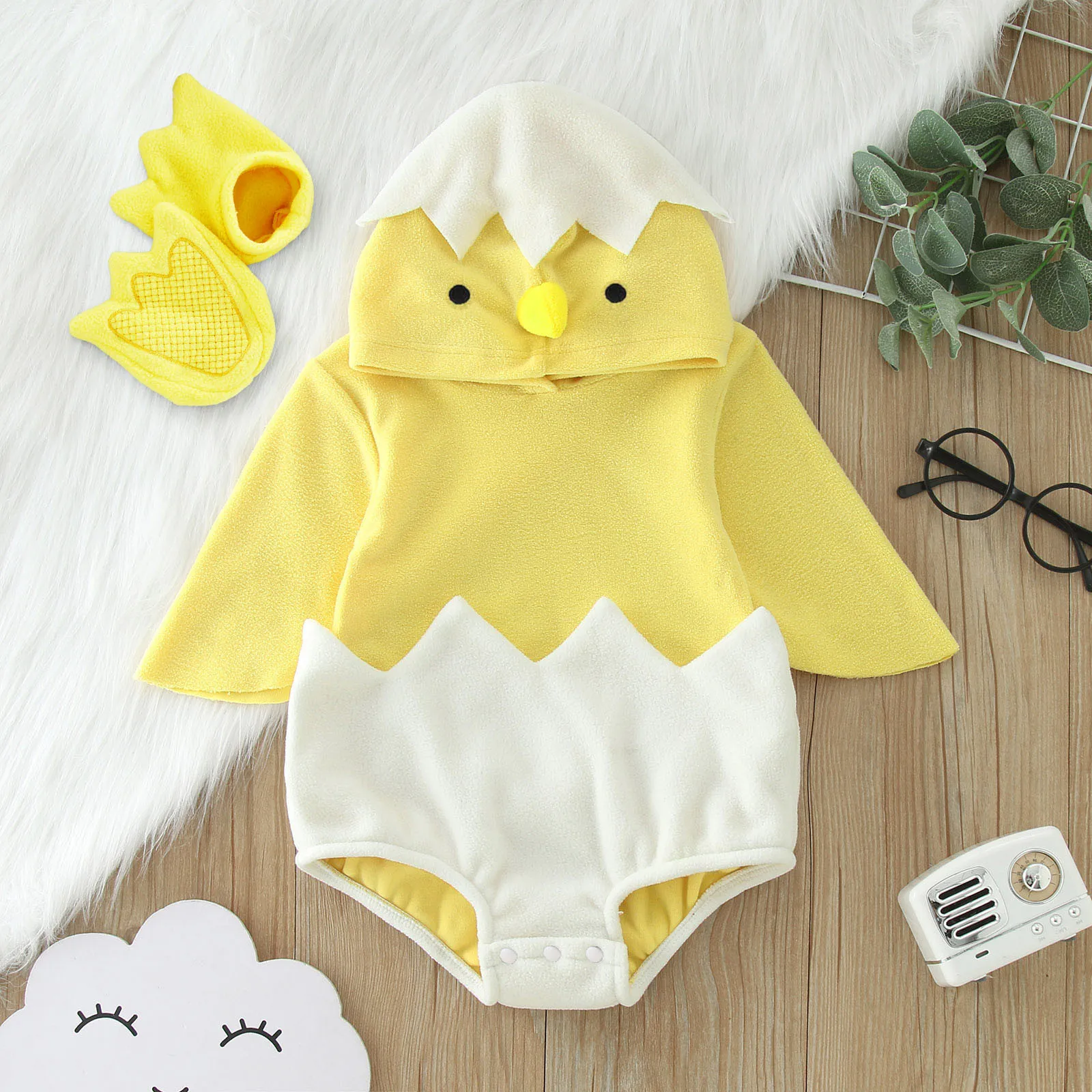 Infant Boys Girls Cosplay Cute Chicken Costume Winter Warm Hooded Jumpsuit Toddler Fleece Long Sleeve Rompers Bodysuits Clothes