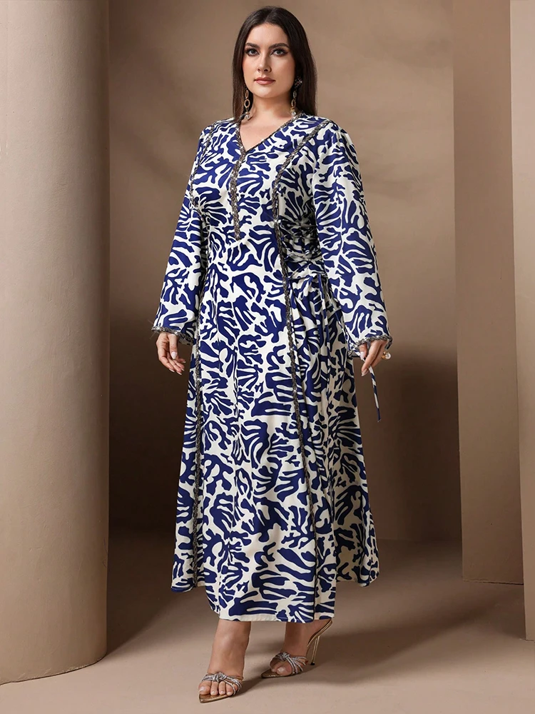 TOLEEN Vrouwen Plus Size Maxi Jurken Modieuze Moslim Print Losse Arabische Jurk Elegante Met Diamanten Ingelegde Banket Ramadan Gewaad