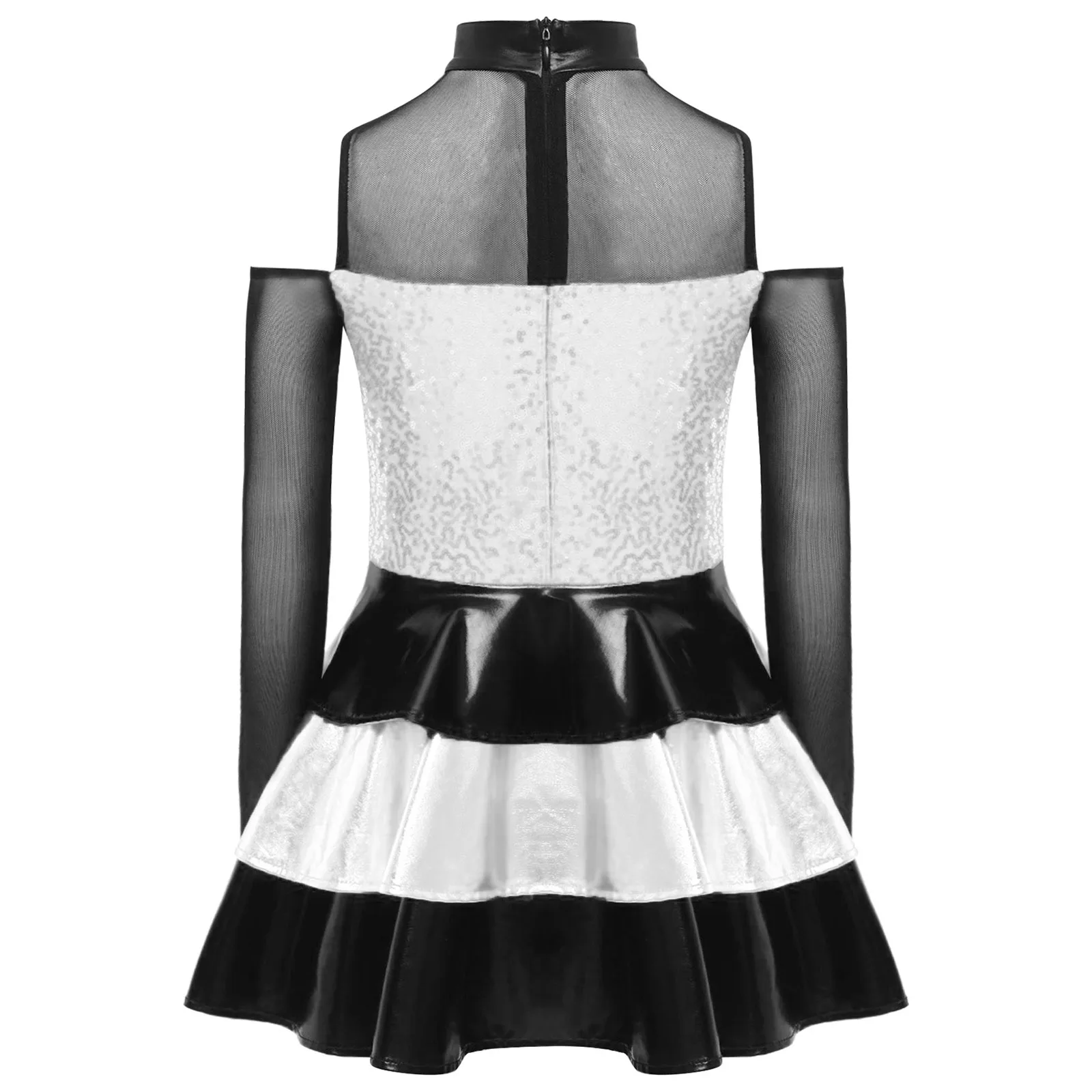 Meisjes Jazzdans Jurk Kunstschaatsen Kostuum Lange Mouw Glanzende Pailletten Tiered Verstoorde Ballet Tutu Ritmische Gymnastiek Turnpakje