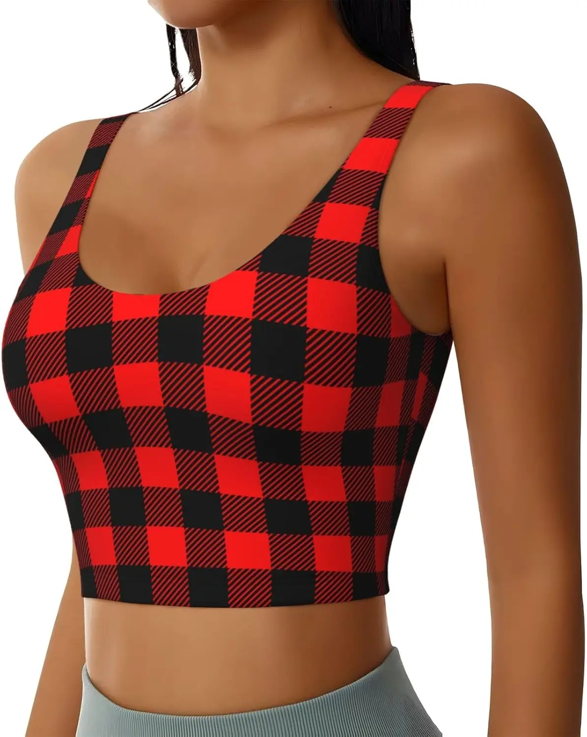 المربعات الحمراء والسوداء للنساء والفتيات حمالة صدر رياضية للتمرين بدون أكمام، حمالة صدر لليوجا مبطنة، ملابس علوية غير رسمية