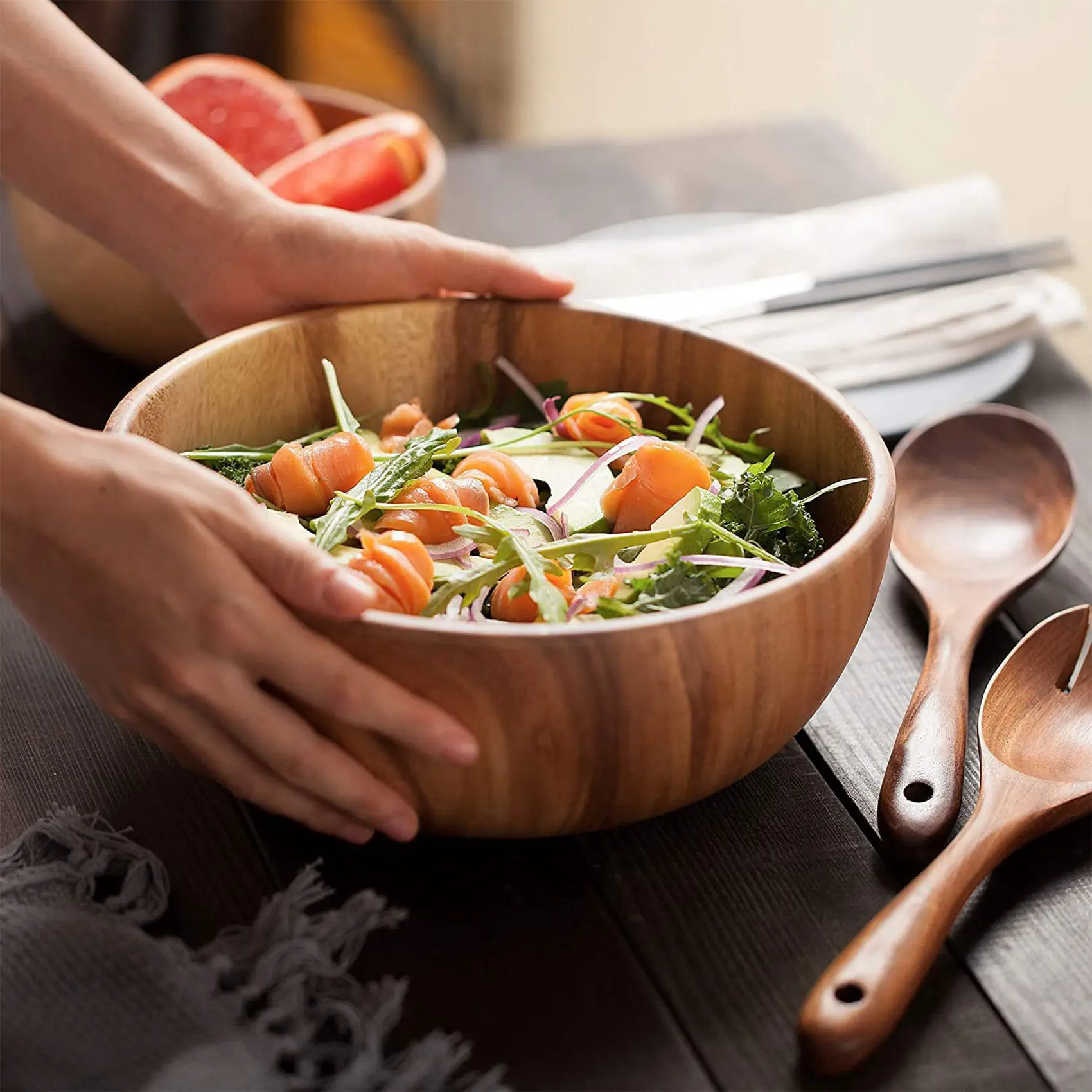 

2X Wooden Salad Bowl-Large 9.4 Inch Acacia Wood Salad Wooden Bowl With Spoon, Can Be Used For Fruit, Salad-B09B