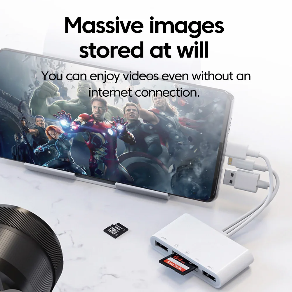 Coolcirc 5-функциональный кард-ридер 2.0 для передачи файлов TF/SD, два слота для карт/адаптер USB 2.0-порта Type-C/iOS с портом для зарядки