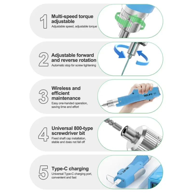 RELIFE E2 Multi-speed Electric Torque Screwdriver Set Universal 800 Bit Mobile Phone Disassembly Repair Type-C Screwdriver Kit