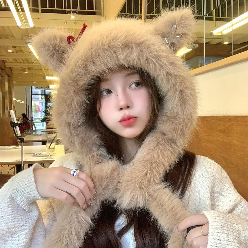 Women's Winter Fox Fairy Bow Hat - Plush Velvet with Detachable Scarf for Ultra Warmth & Sweet Style in Cold Climates