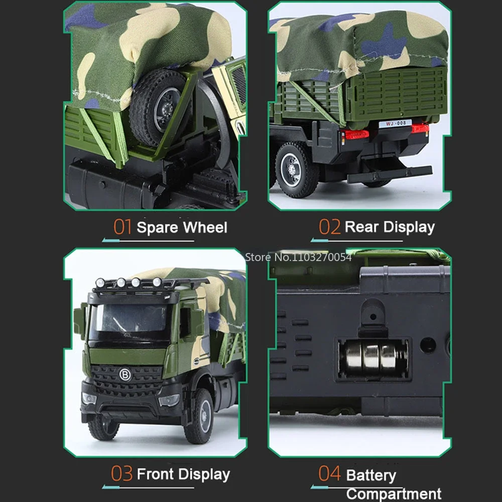 1/35 Toy Model Car Military Transport Alloy Truck Simulation Metal With Sound And Light Pull Back Kids Toys Boy Gifts Collection