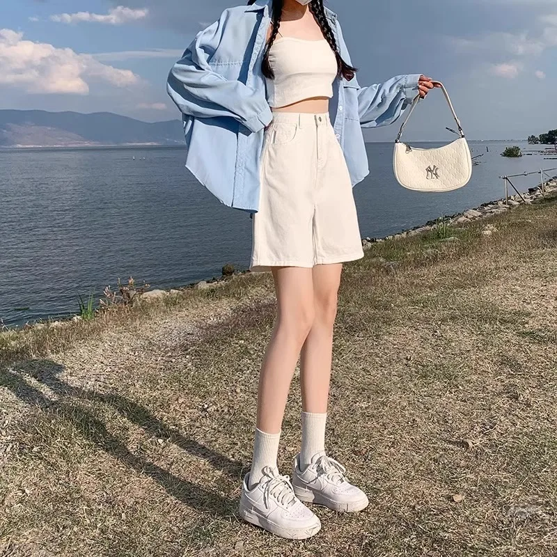 

Женские свободные утягивающие летние джинсы трапециевидной формы с высокой талией и пятью точками, летние джинсы из хлопковой эластичной ткани с высокой талией