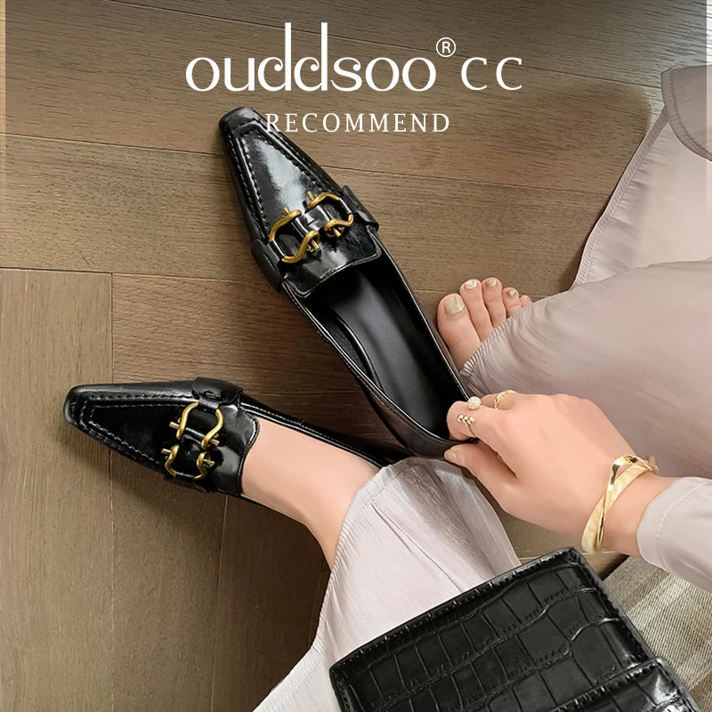 Ods Genuine Leather Single Shoes Vintage Metal Decor Pointed Toe Kitten Heel Shallow Slip-On Fashion Elegant Sexy Women Shoes 42