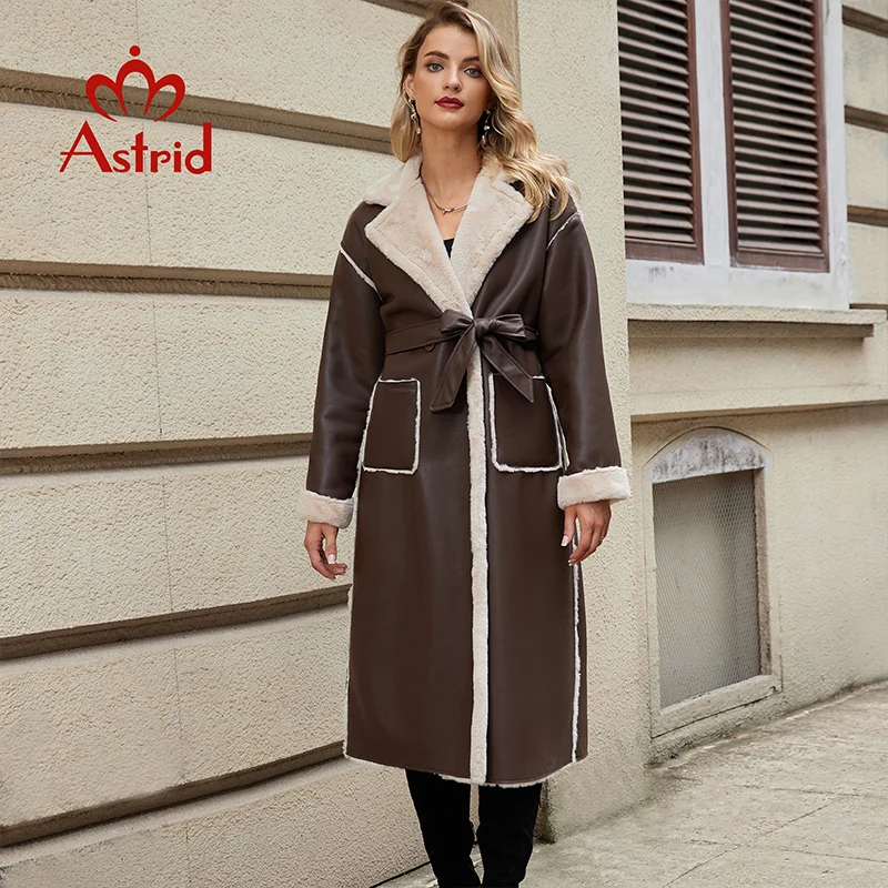 Astrid 2024 Winter Faux Leather Jacket Women Long Warm Plush Fur Collar Padded Coat Fashion Pocket Cotton Female PU Parkas K18