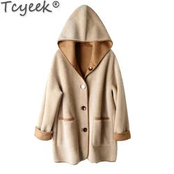 100% Tcyeek Wool Coat Women 2024 Fall Winter Korean Women's Sheep Shearling Coats Mid-long Fur Jacket Two Sided Wearing