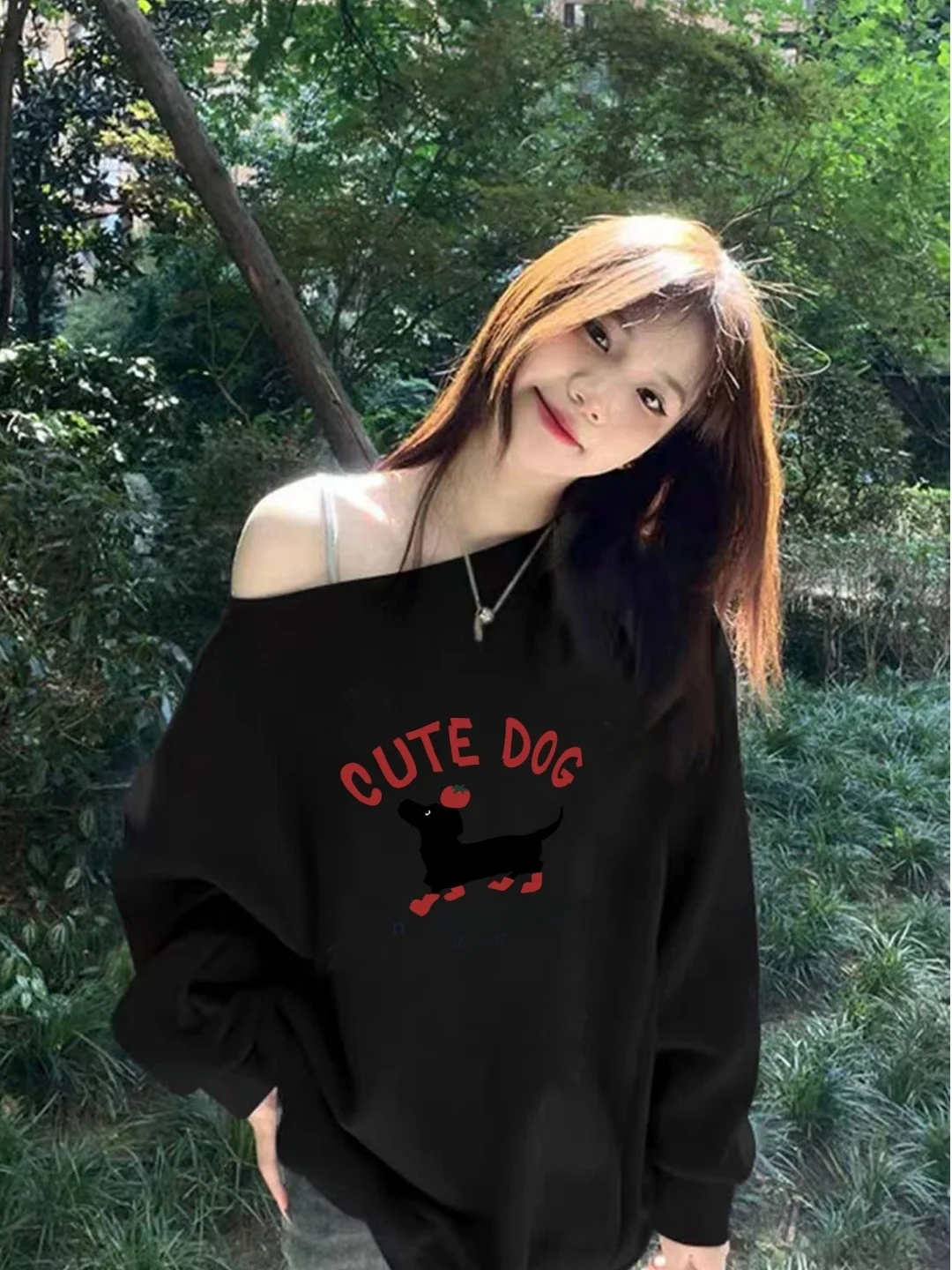 Sweet Cute Cartoon Dog Print Long Sve Sweatirt Light Beige oulder Design Comfortable Loose Fit Korean Sle Women's irt