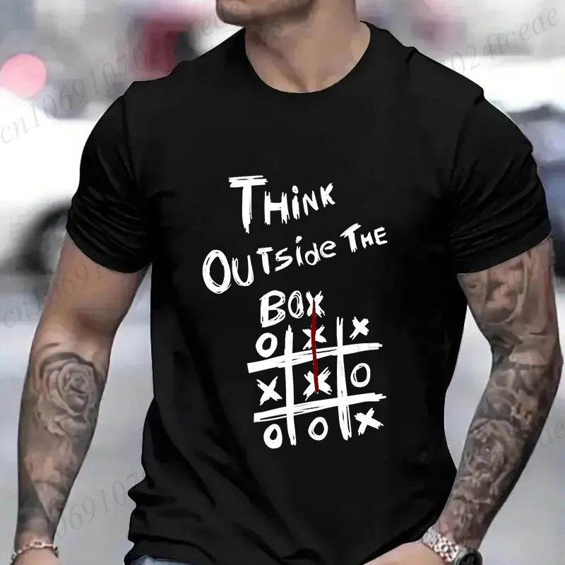 Retro Men's T-Shirt Think Outside The Box Print Short Sleeve T-Shirt Summer Casual Tees Top Loose Oversized T-Shirt for Men