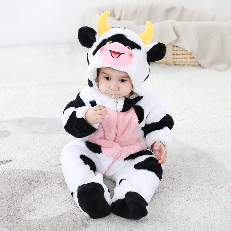 Kawaii Cow Baby Boys Girls Clothes Romper Hooded Jumpsuits Bodysuit Winter Flannel Warm Cosplay Costume Toddler Infant Ropa Bebe