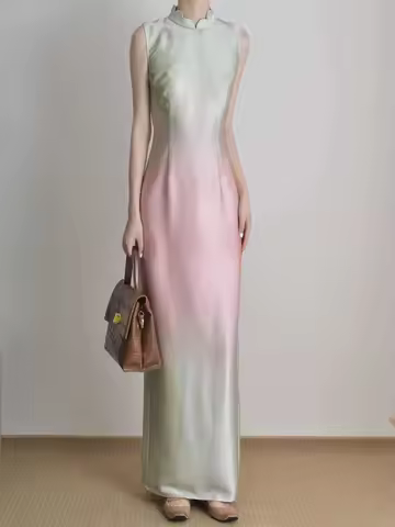 Gradient Tulip Cheongsam, New Chinese Dress, Sophisticated Slim Fit Young Women Evening Gown Chinese Dresses