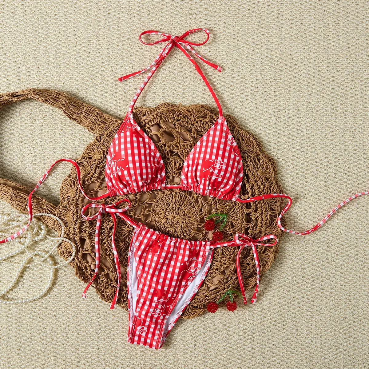 sexy red flower plaid print halter back tie bikinis sets two pieces thong swimsuits bathing suit swimwear biquini tankini
